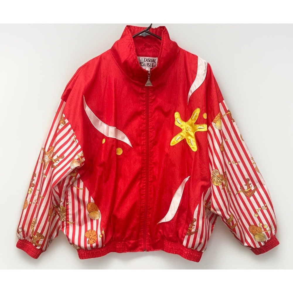VTG 90's Casual Isle Red Stripe Beach Windbreaker Nautical Seashell Jacket XL